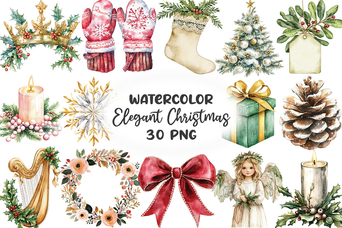 Watercolor Elegant Christmas Clipart, an Illustration by CraftArtStudio (Photo 1 of 6)