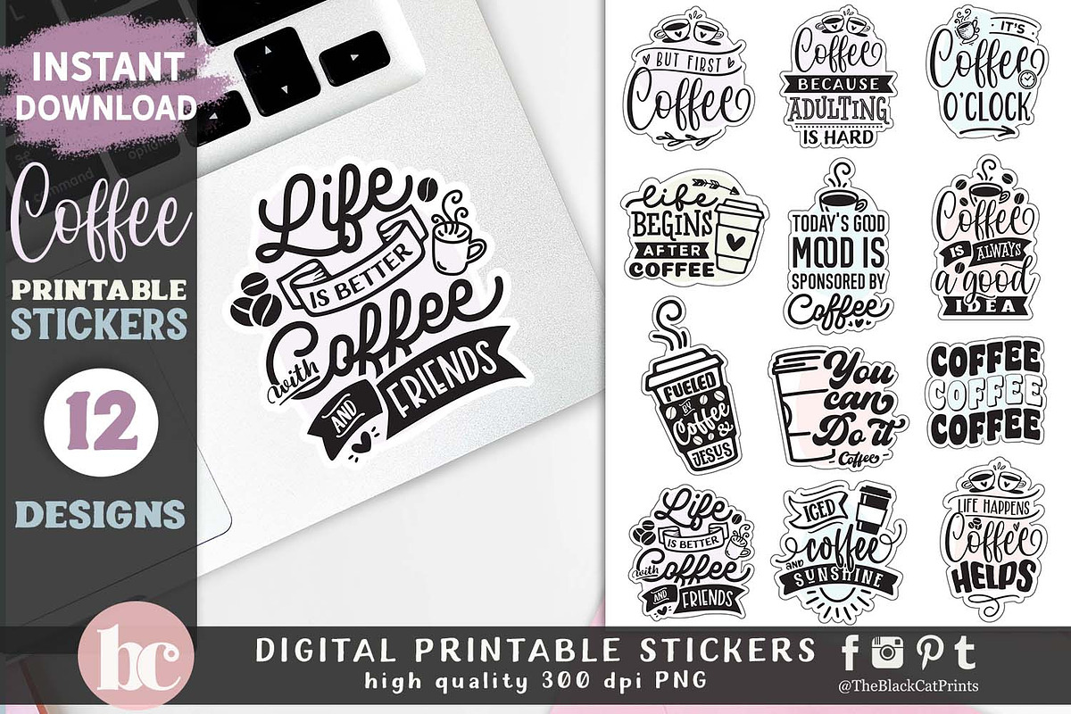 Funny Coffee Lover Stickers PNG, a Food Illustration by TheBlackCatPrints (Photo 3 of 3)