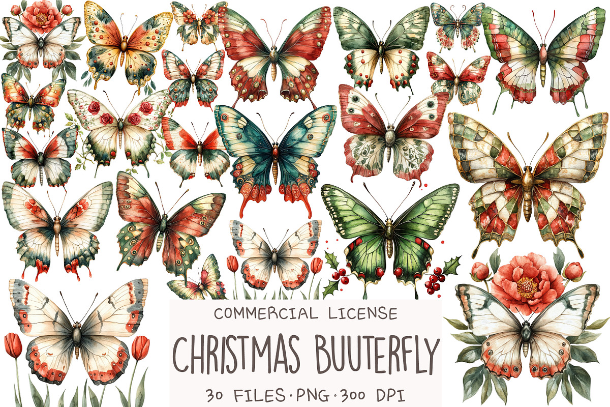 Christmas Butterfly Clipart, an Illustration by OK Design (Photo 1 of 5)