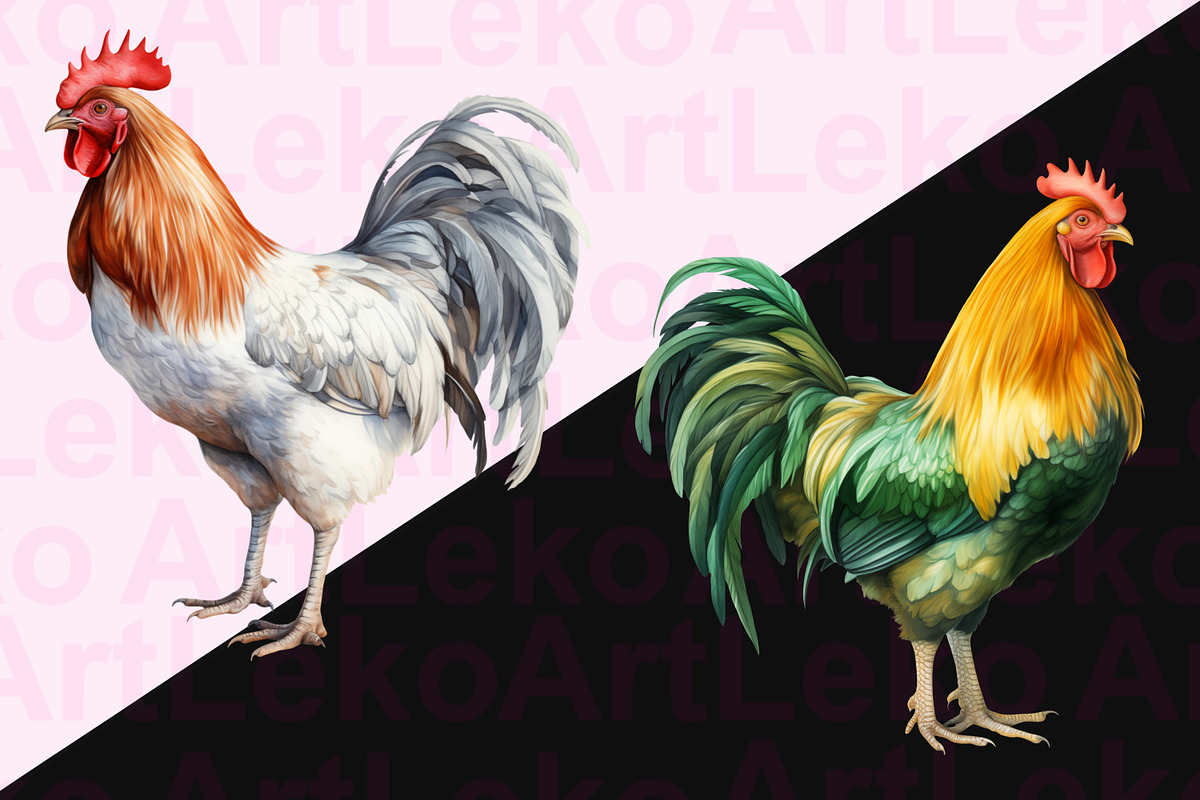Roosters Clipart, an Animal Illustration by LekoArt (Photo 3 of 10)