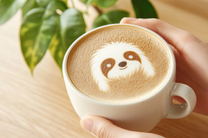 Latte art with sloth design held by, a Photo by Dvoevnore photos