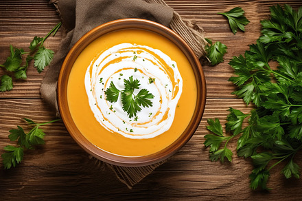 bowl of carrot squash soup, a Food & Drink Photo by Munco Art & Design