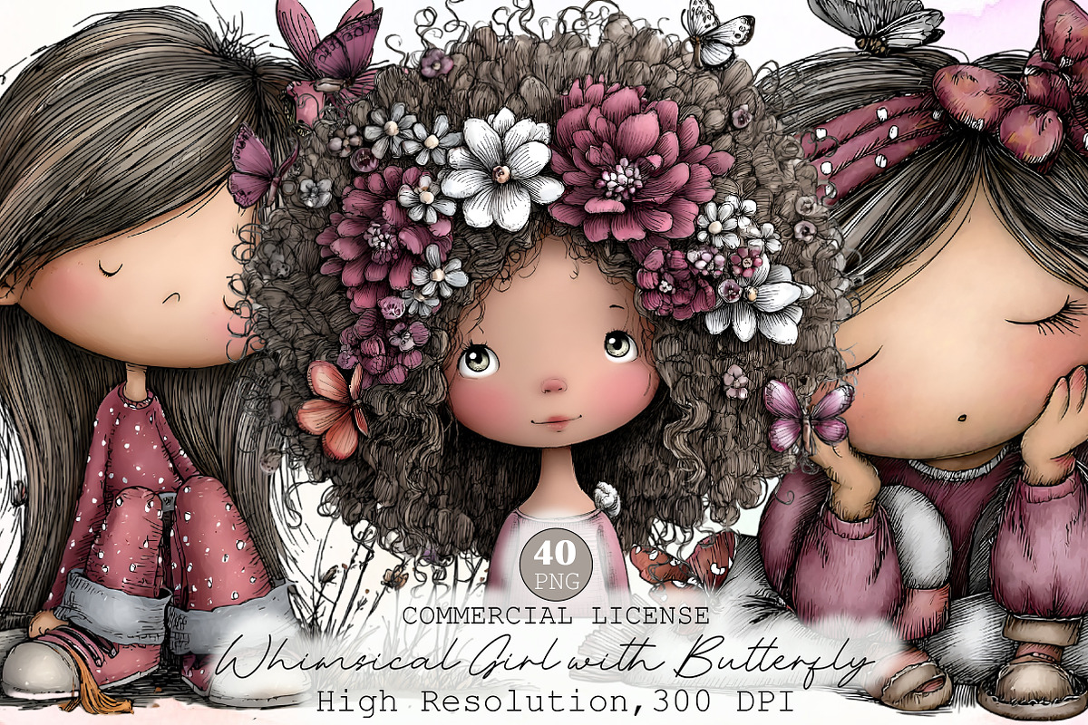 Whimsical Girl with Butterfly Clipar, an Illustration by Sublimation Artist (Photo 1 of 6)