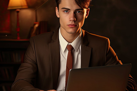 Young business man using laptop on o, a Photo by SaroStock