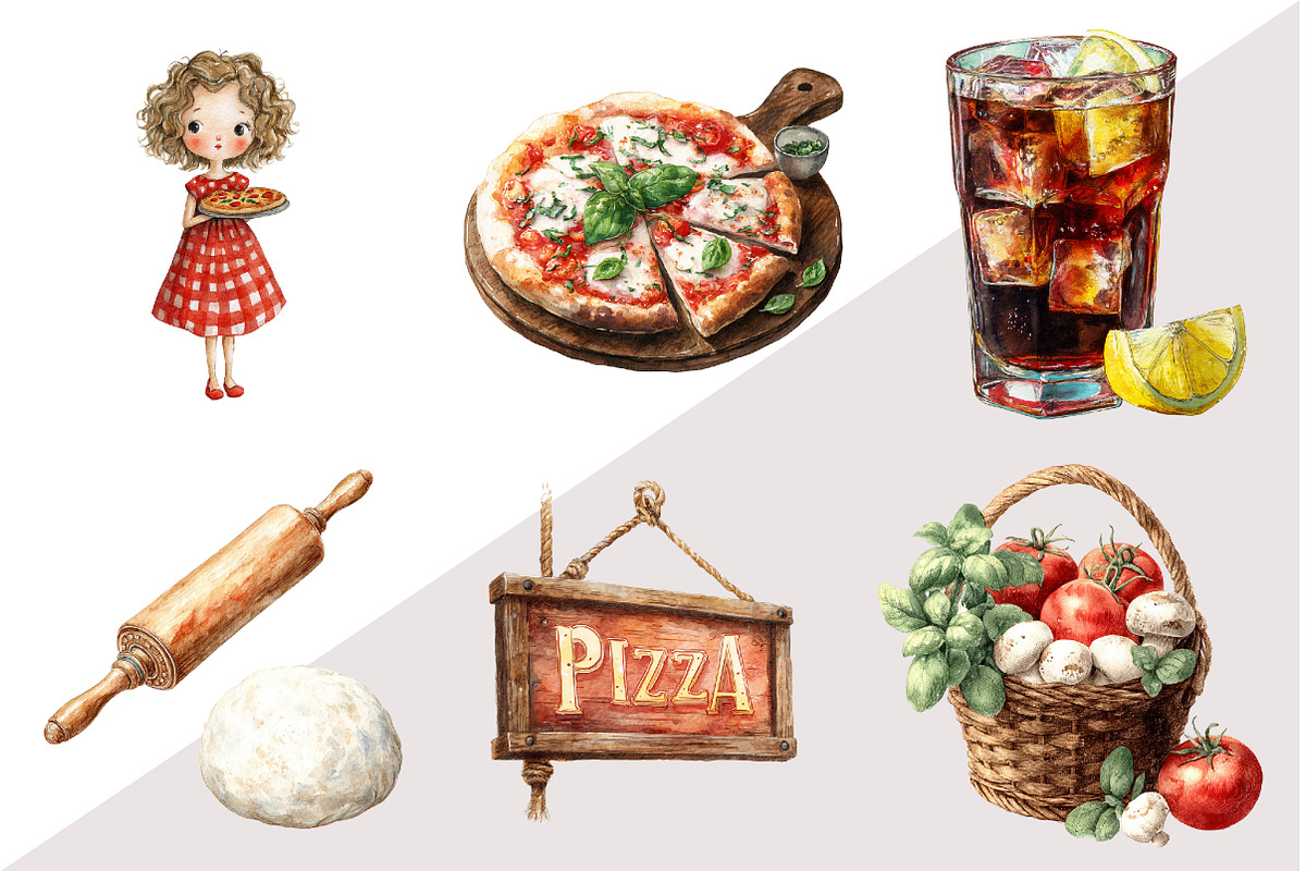 Watercolor Vintage Pizza Clipart, an Illustration by Design Market (Photo 3 of 3)