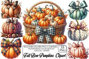 Watercolor Fall Bow Pumpkins Clipart, an Illustration by DreamPrint404