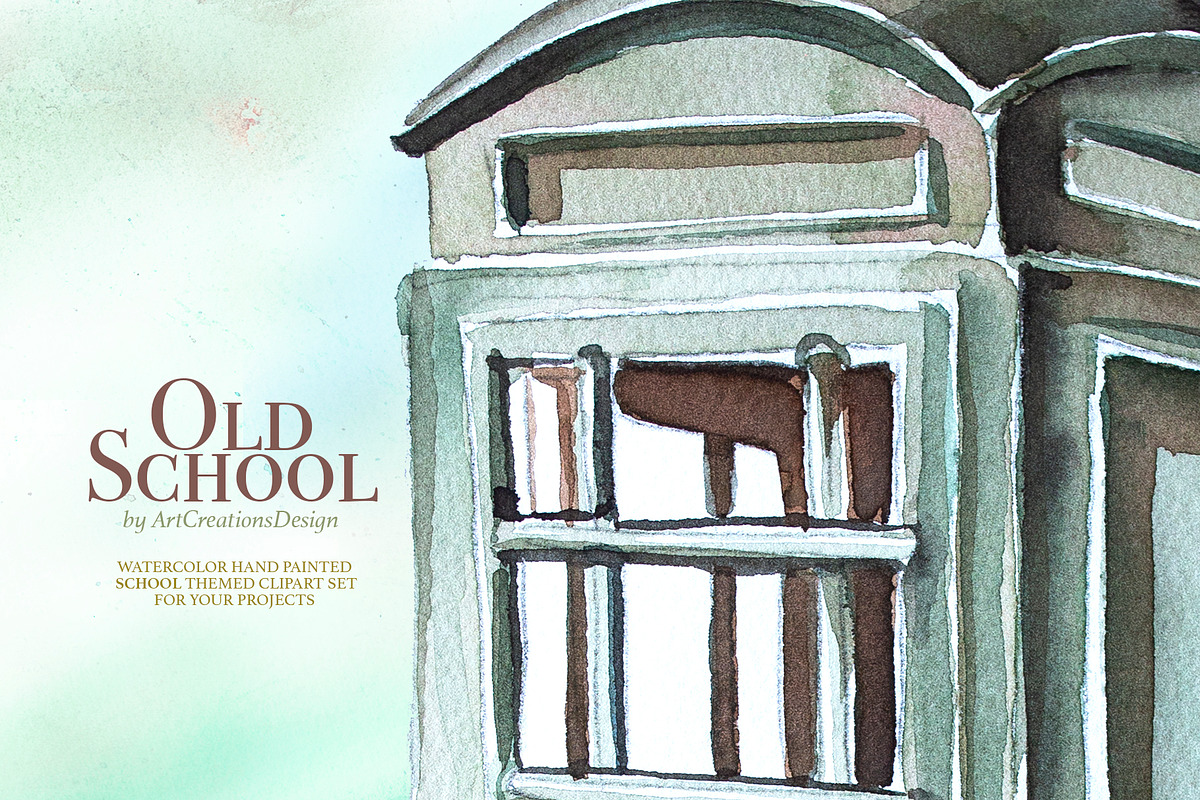 Watercolor Old School Clipart Set, a Seasonal Illustration by ArtCreationsDesign (Photo 10 of 18)