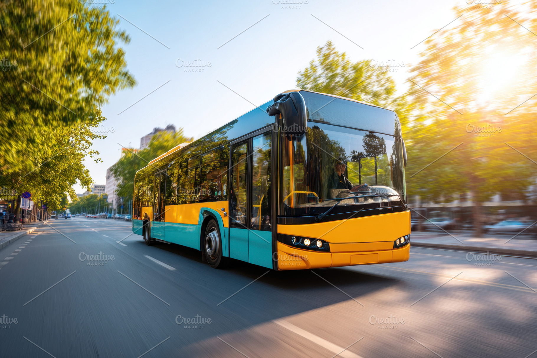 Modern city bus driving at sunset, a Transportation Photo by AlyaAnd