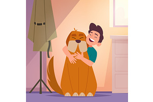 Dog owner. happy man hugging dog, an Animal Illustration by Onyx