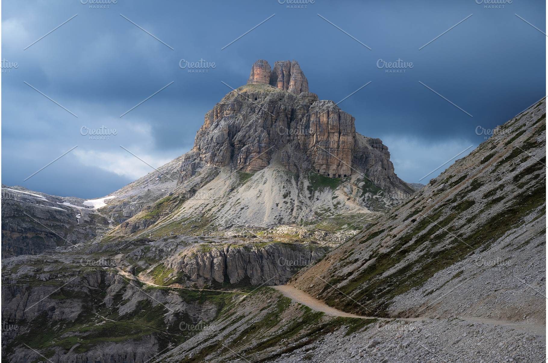 Tre Cime di Lavaredo mountains under, a Nature Photo by den-belitsky