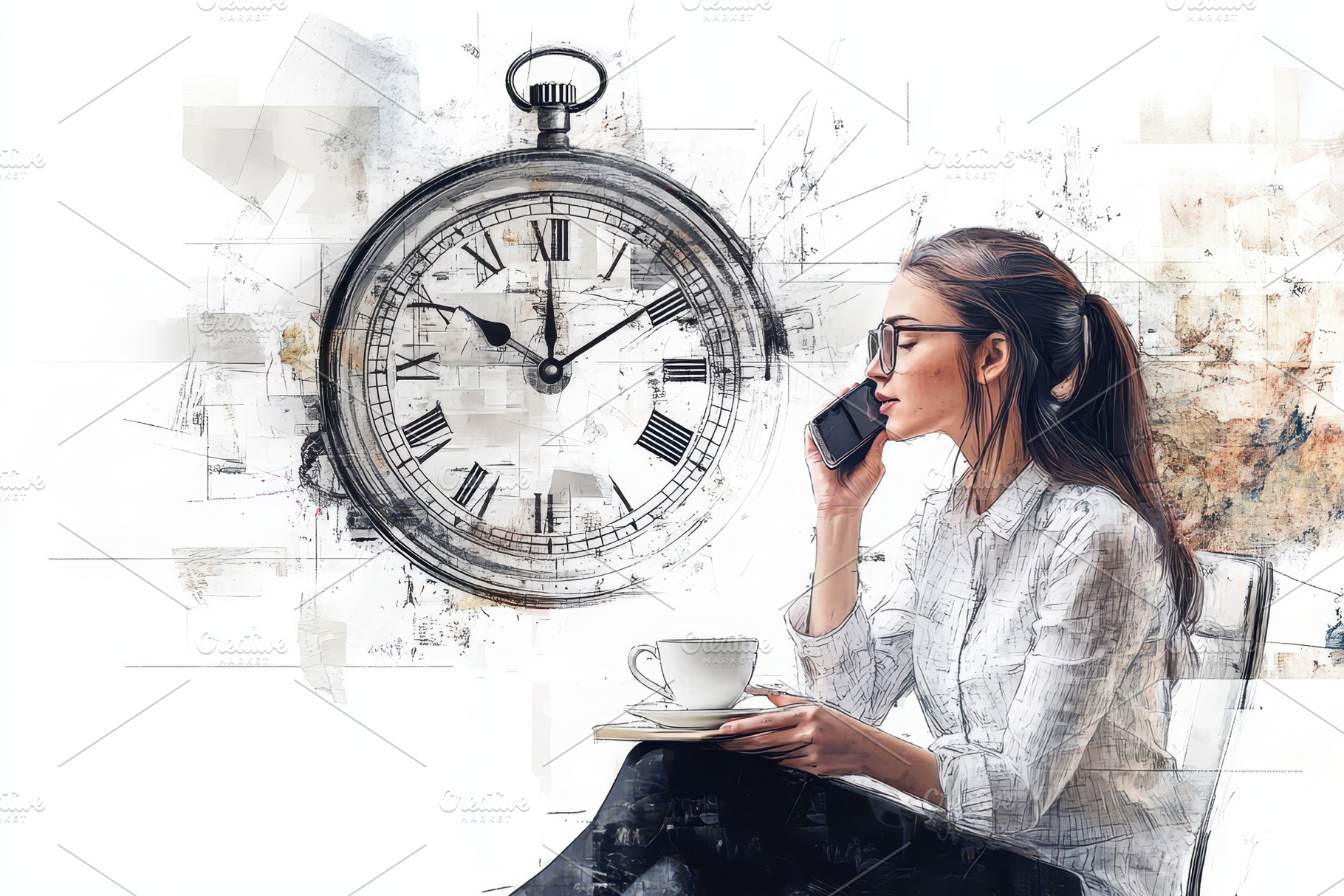 Woman speaking on phone while sippin, a Photo by Pavel_design