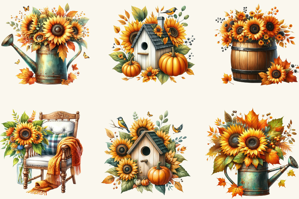 Vintage Sunflowers Autumn Clipart, a Work Illustration by cherrydesign (Photo 3 of 3)