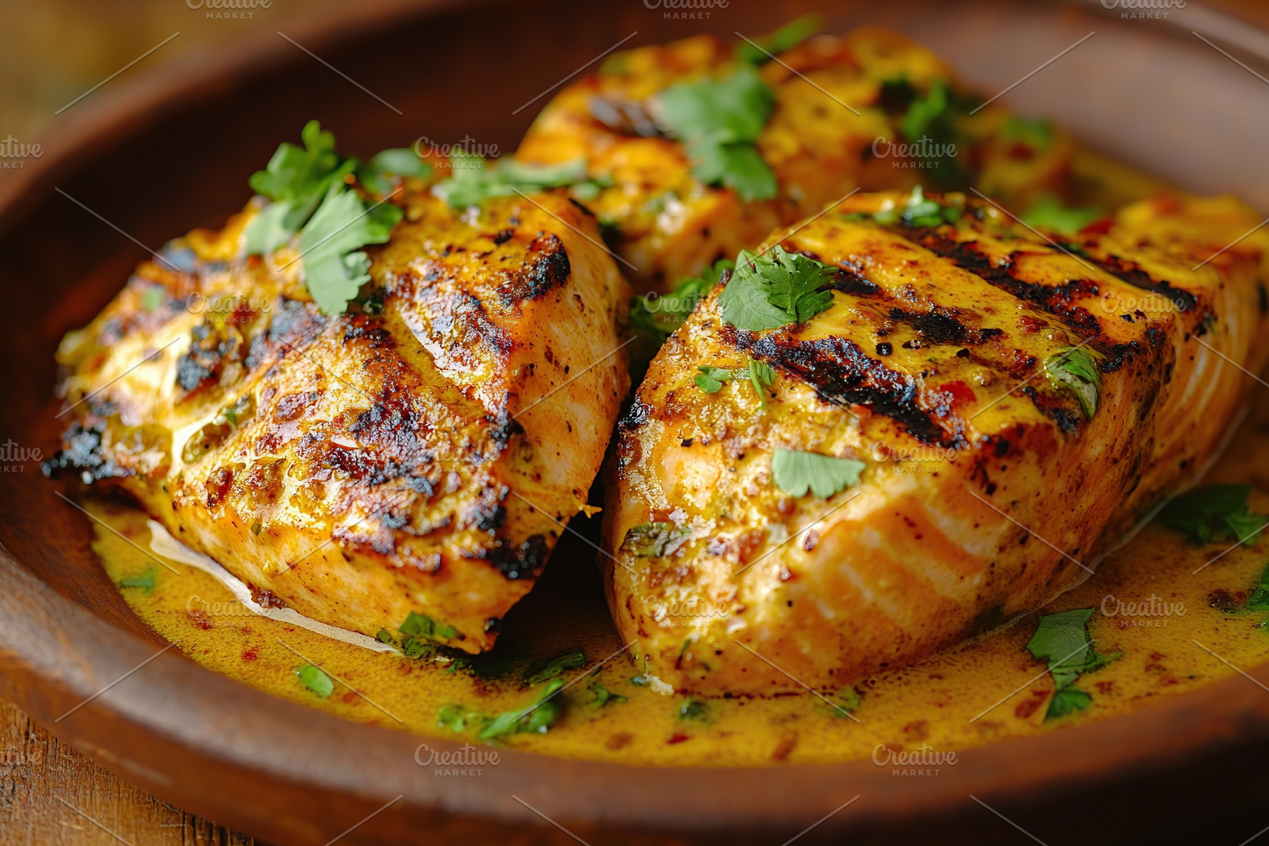 Grilled salmon fillets with spices in curry sauce served on a brown plate, a Food & Drink Photo by AlyaAnd