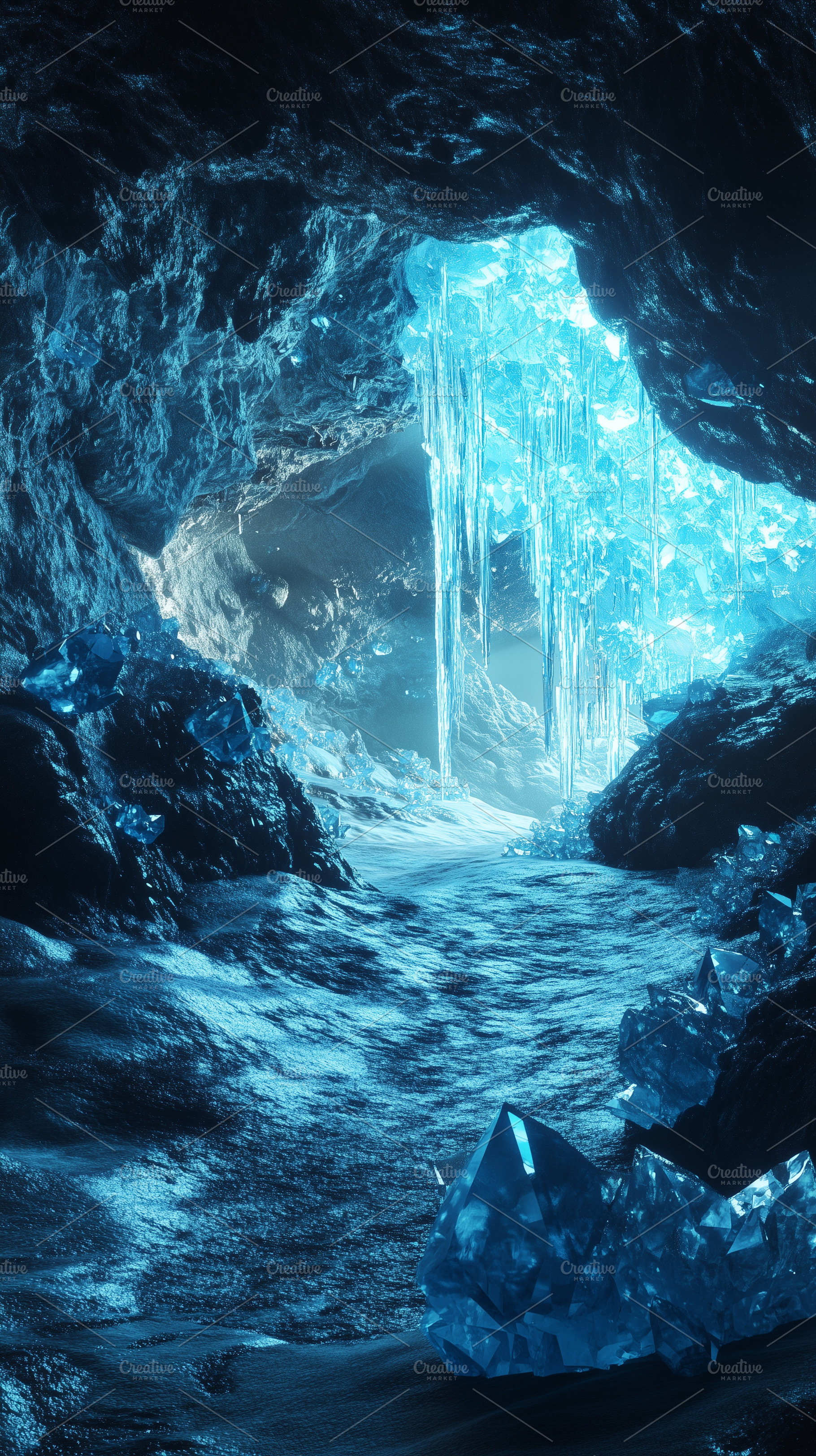 Inside of icy cave with glowing blue, a Nature Photo by MistyDay