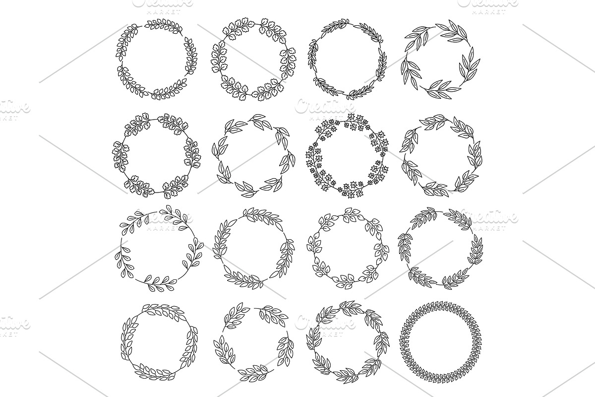 A set of circular leaf wreaths with, an Illustration by Woters little shop