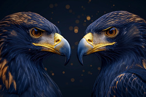 Two majestic golden eagles face each other, showcasing their piercing eyes and, an Animal Photo by ImageMir