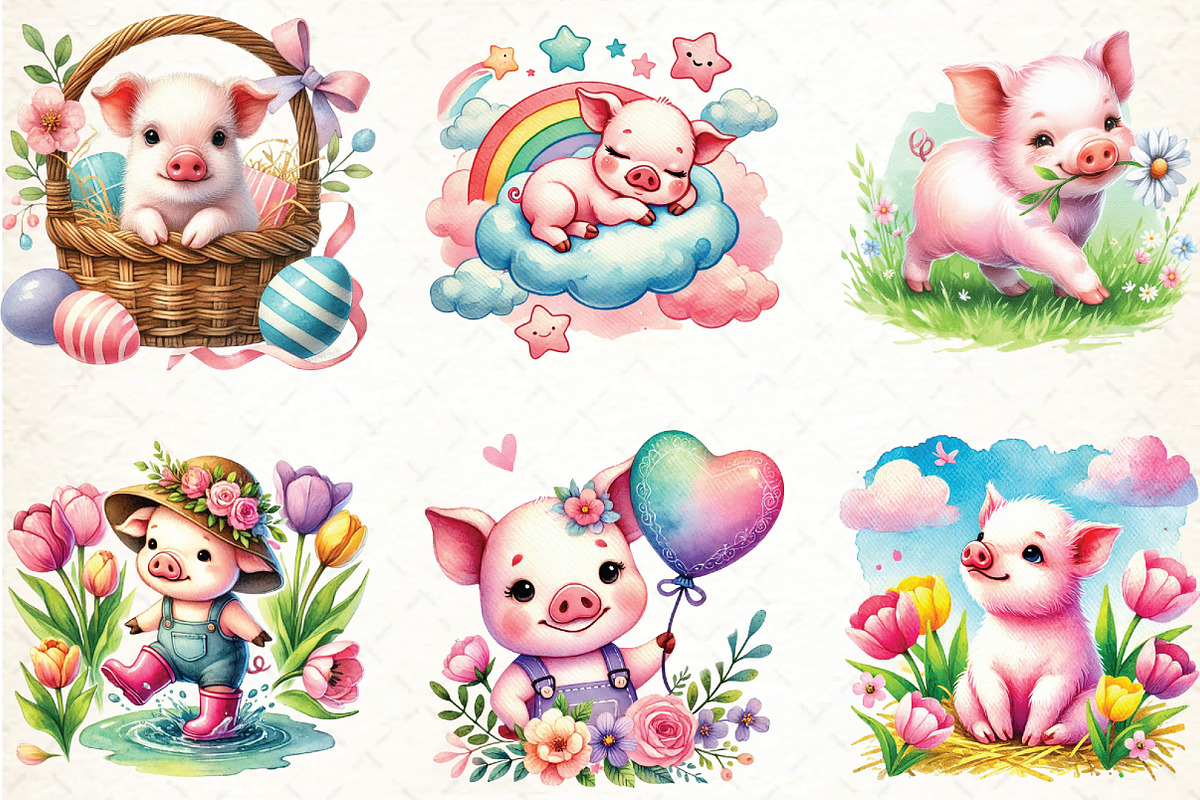 Watercolor Spring Pig Sublimation, an Illustration by DreamCafeArt (Photo 2 of 4)