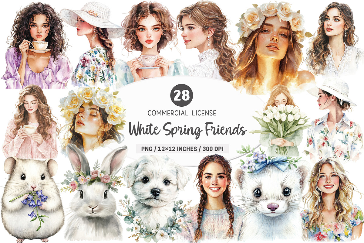 Watercolor White Spring Friends PNG, an Illustration by SinaCreation (Photo 1 of 5)