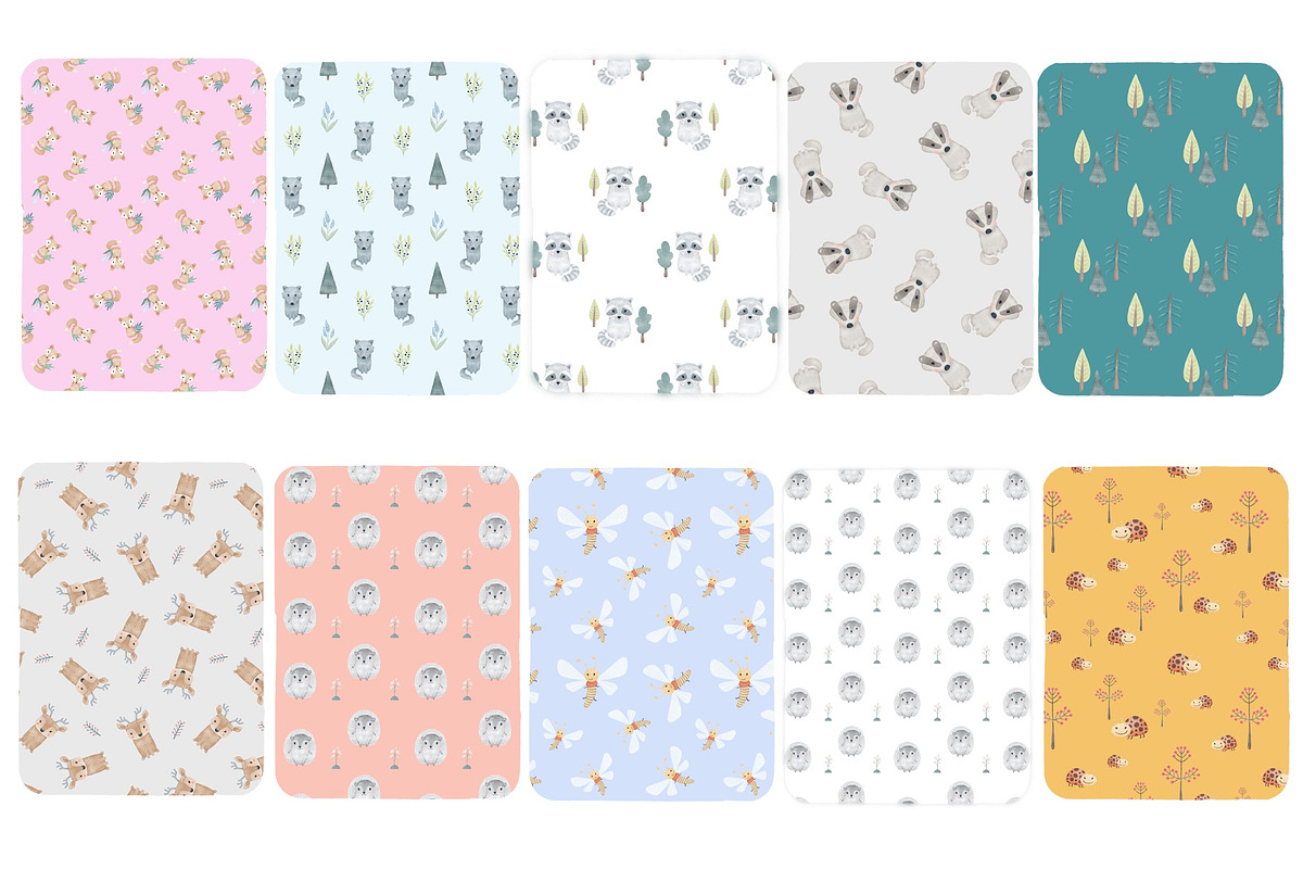 Woodland friends. Kids patterns set, an Animal Illustration by tetiartline (Photo 8 of 11)