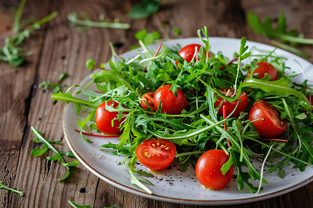 Fresh salad with microgreen, arugula and tomatoes in plate on wooden table, a Food & Drink Photo by AlyaAnd