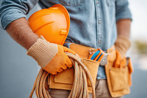 Construction worker with helmet and rope, an Industrial Photo by AlyaAnd