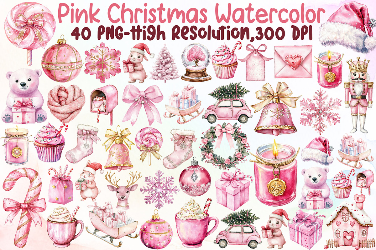 Pink Christmas Watercolor Clipart, an Illustration by Sublimation Artist (Photo 1 of 6)