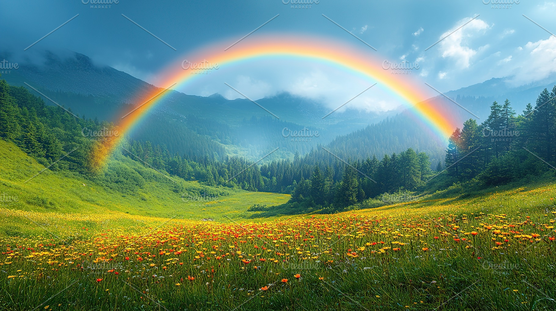 Beautiful rainbow on top of green forest and mountains, a Photo by AlyaAnd