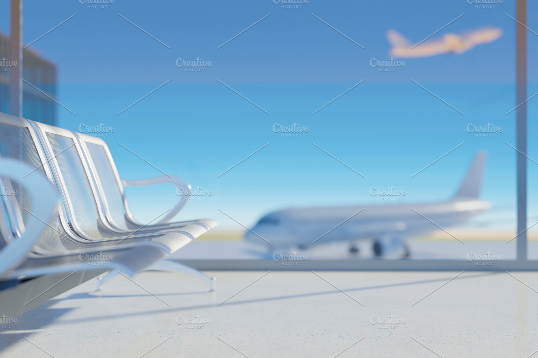 Modern airport terminal with airplane and waiting seats, a Holiday Photo by RF Images