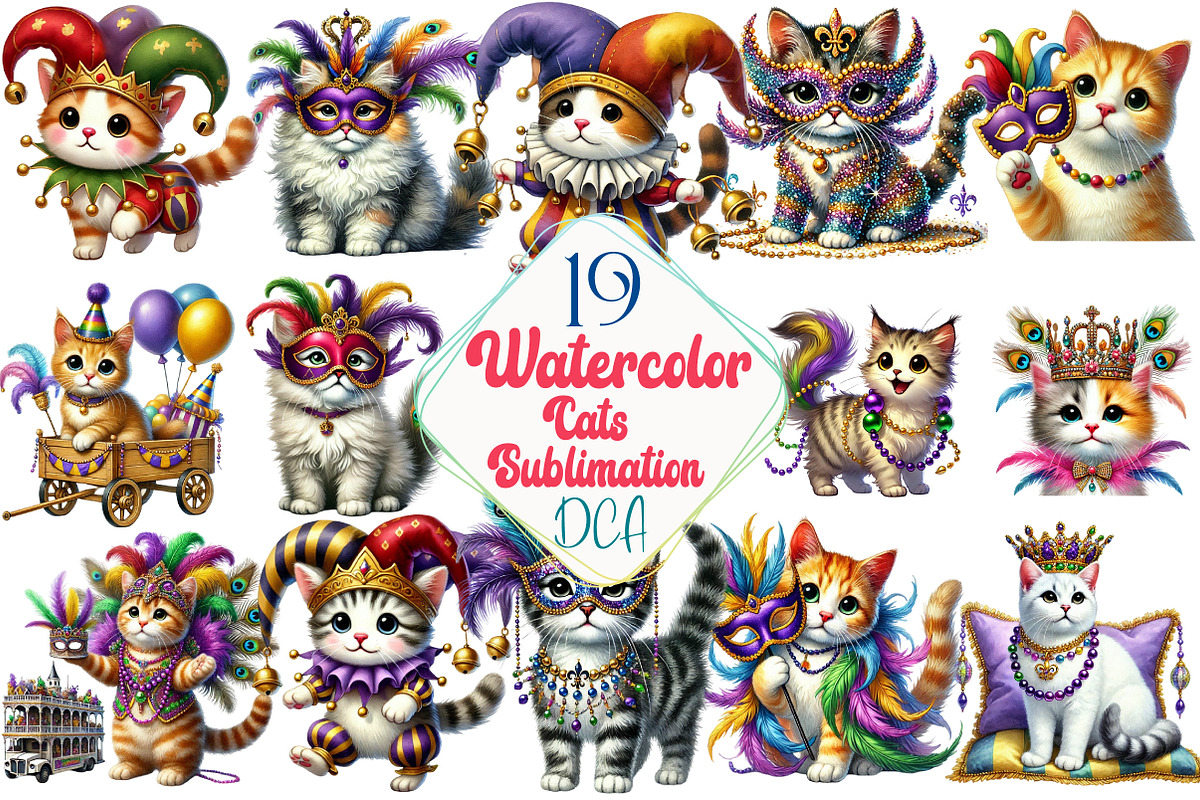 Mardi Gras Cute Cats Sublimation, an Illustration by DreamCafeArt (Photo 1 of 3)