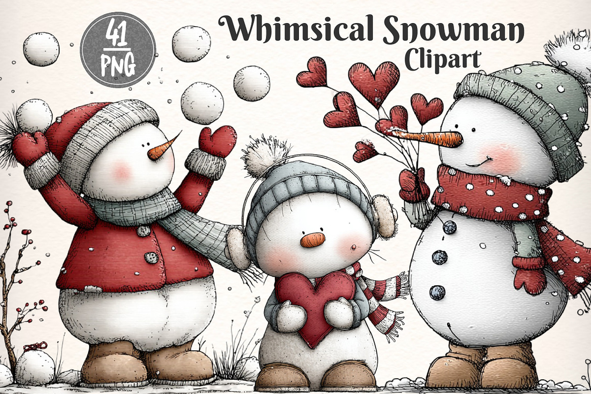Whimsical Christmas Snowman Clipart, an Illustration by Dream Creation (Photo 1 of 7)