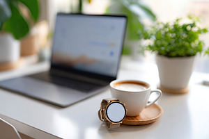 Coffee cup and smartwatch on desk near laptop during workday in a modern worksp, a Technology Photo by AlyaAnd