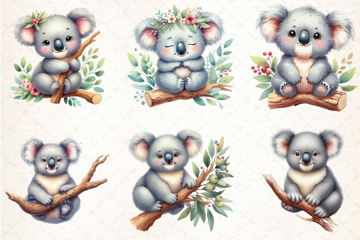Cute Watercolor Koala Clipart, an Illustration by DreamCafeArt (Photo 2 of 7)