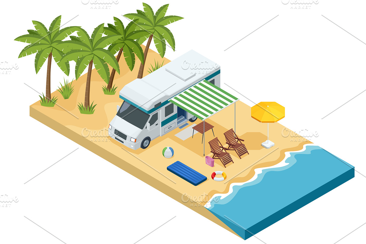 Tropical island with a camper, an Illustration by Golden Sikorka