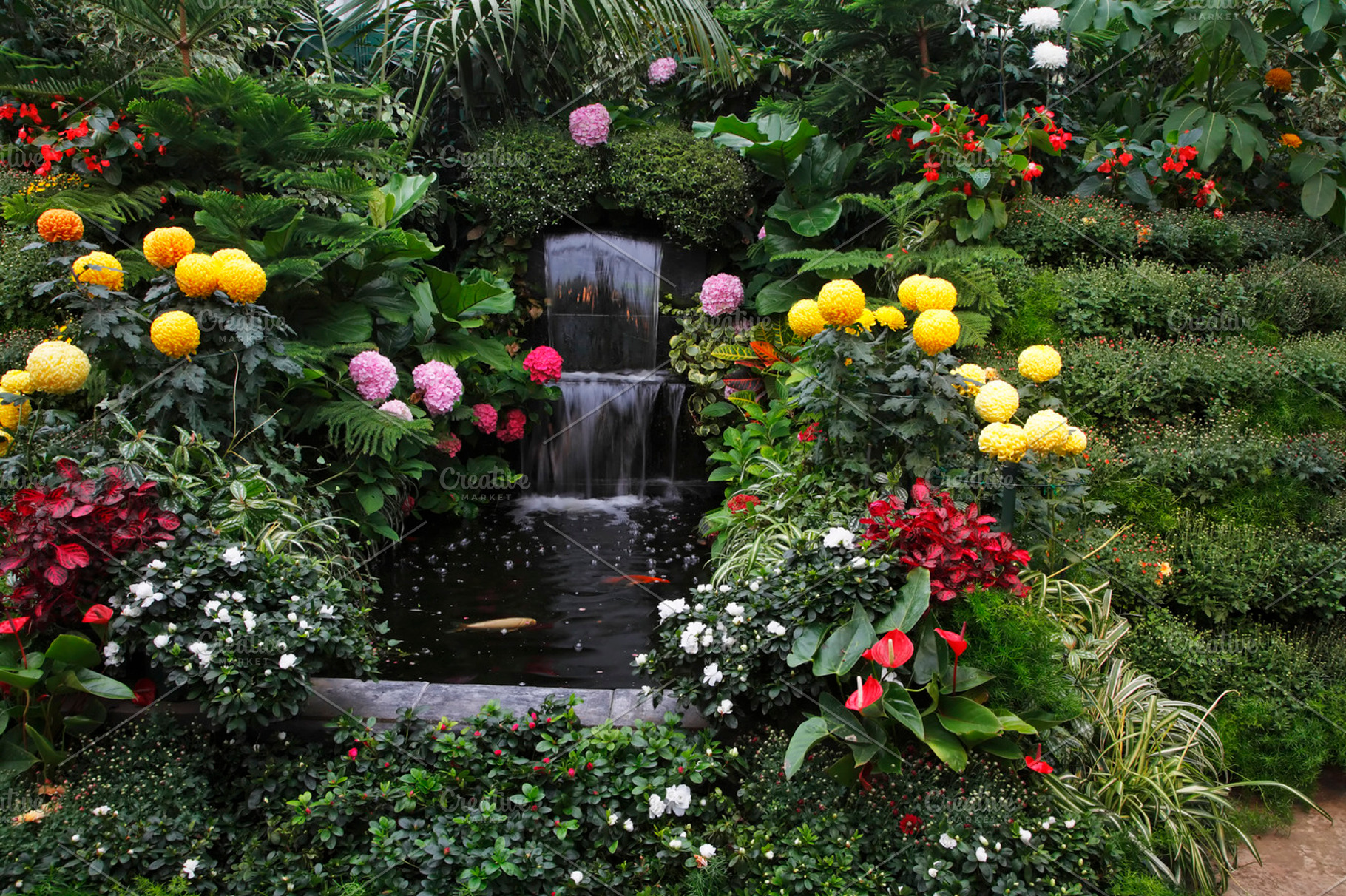 Cascade fountain in  butchard stock photo containing fountain and flower, a Nature Photo by kavram