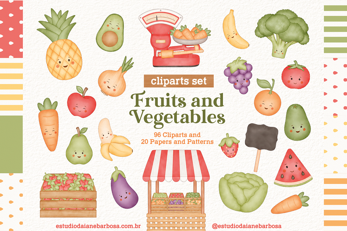 Fruits and Vegetables - Cliparts Set, an Illustration by Estudio Daiane Barbosa (Photo 1 of 10)