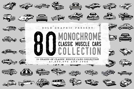 80 Monochrome classic muscle cars, a Transportation Illustration by The BolzStudio