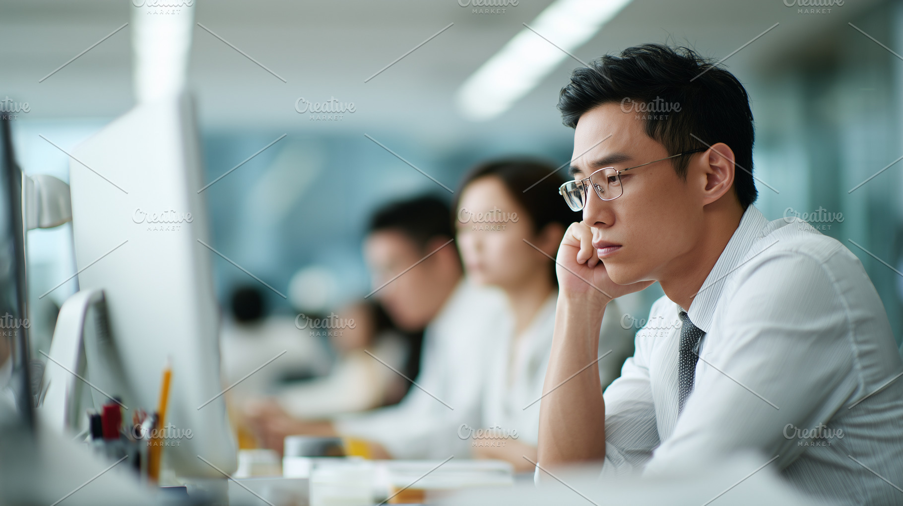 Asian man in office setting looks, a Business Photo by MistyDay