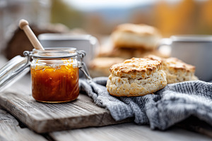 Freshly baked scones served with, a Food & Drink Photo by MistyDay