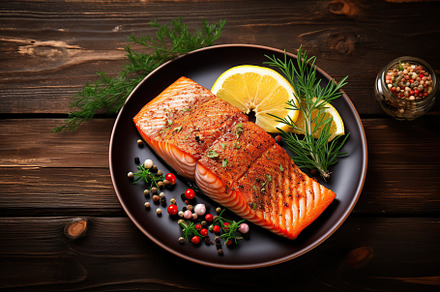 Tasty grilled salmon with pieces of lemon and seasonings on wooden background, a Food & Drink Photo by AlyaAnd
