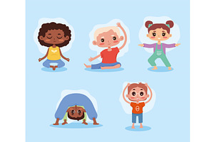 five yoga kids characters, a Person Illustration by studiogstock