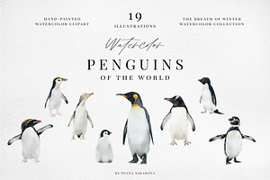 Watercolor penguins. Winter animals