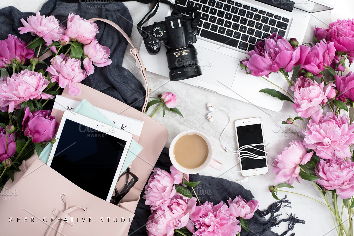 Pink Peonies Flatlay with Camera, a Mockup by Her Creative Studio