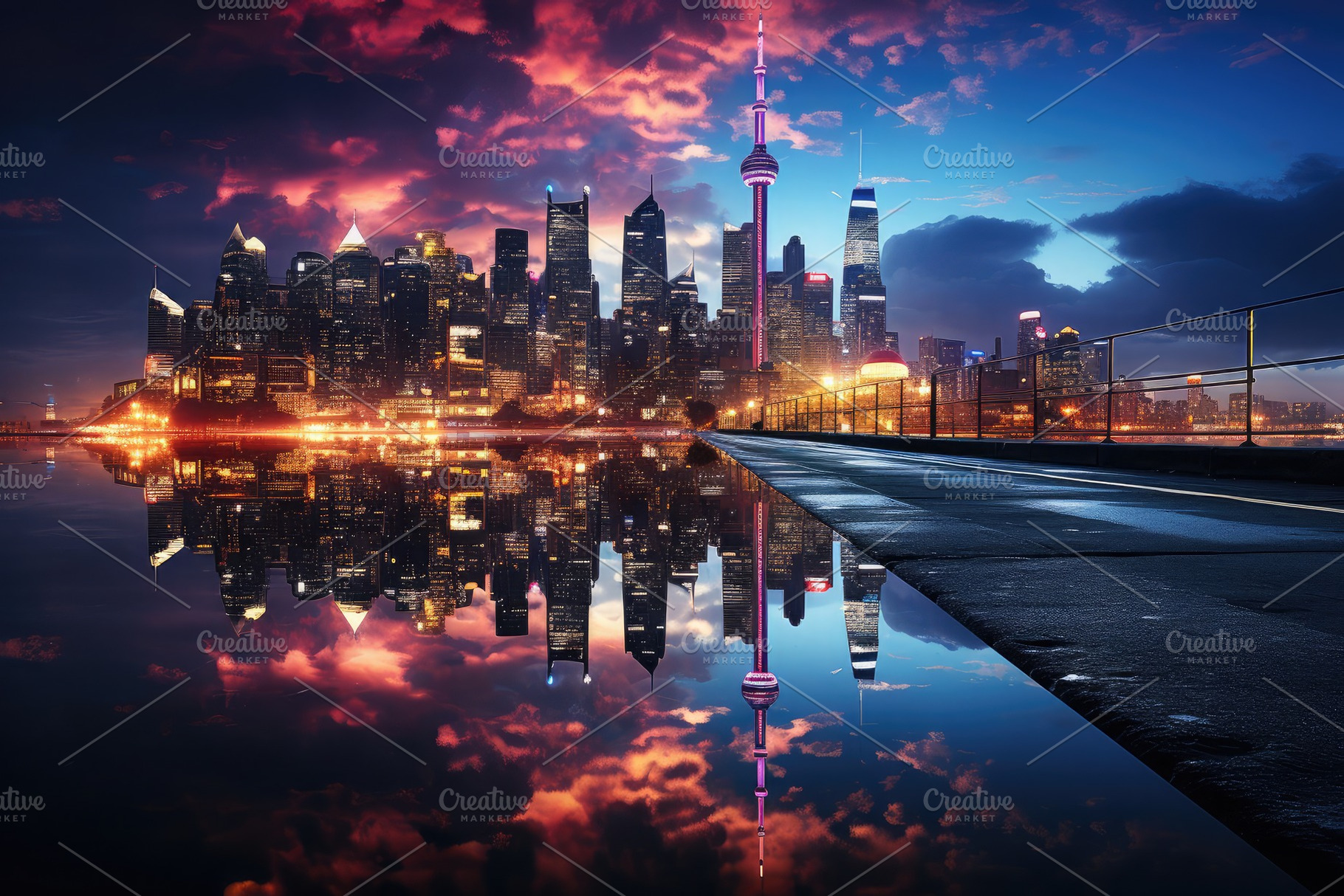 Dynamic cityscape at night neon ligh, a Photo by SaroStock