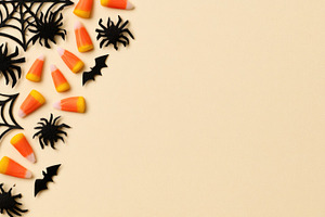 Halloween candy corn and spiders flat lay background, an Abstract Photo by José Manuel Gelpi