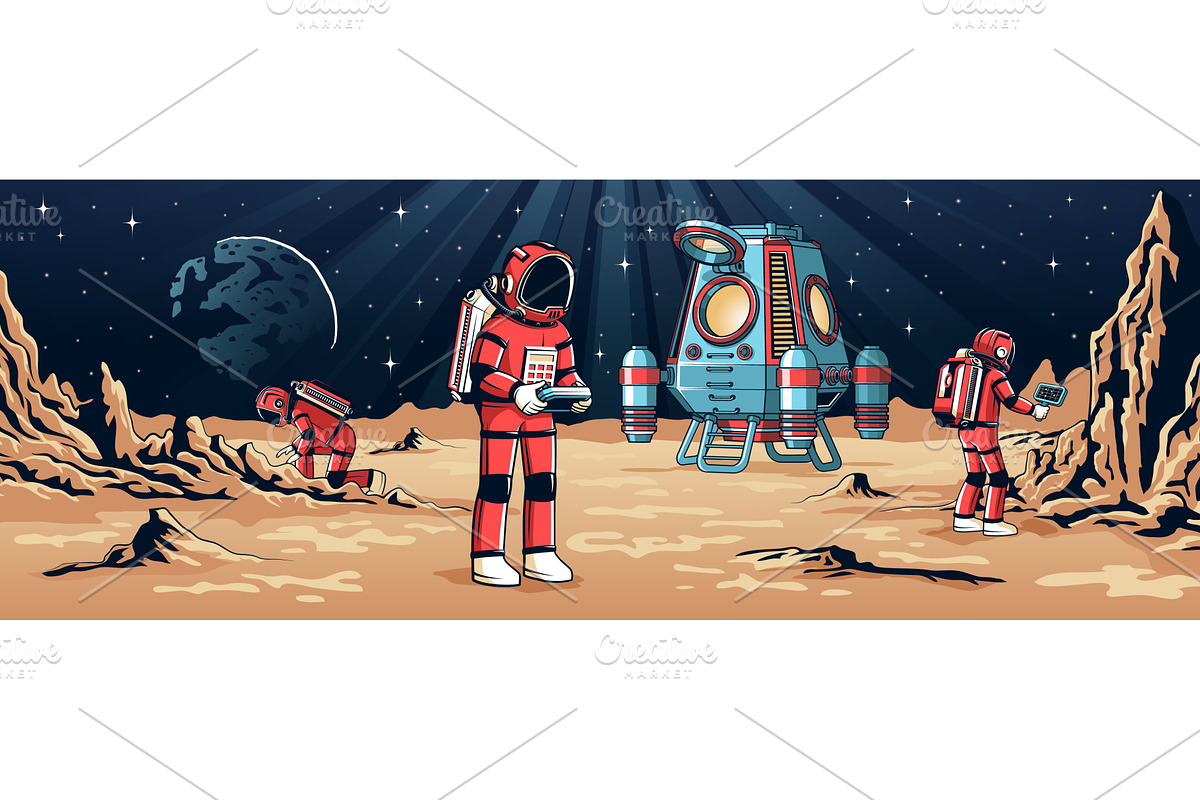Group of astronauts exploring rocky, a Technology Illustration by Agor2012 shop