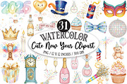 Watercolor Cute New Year Clipart, an Illustration by Designking (Thumbnail 1 of 5)