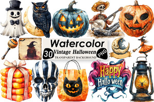 Watercolor Vintage Halloween Clipart, an Illustration by Black Bird Studio