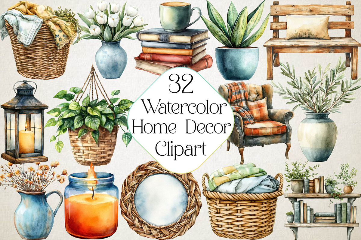 Watercolor Home Decor Clipart Bundle, an Illustration by DreamPrint404 (Photo 1 of 7)