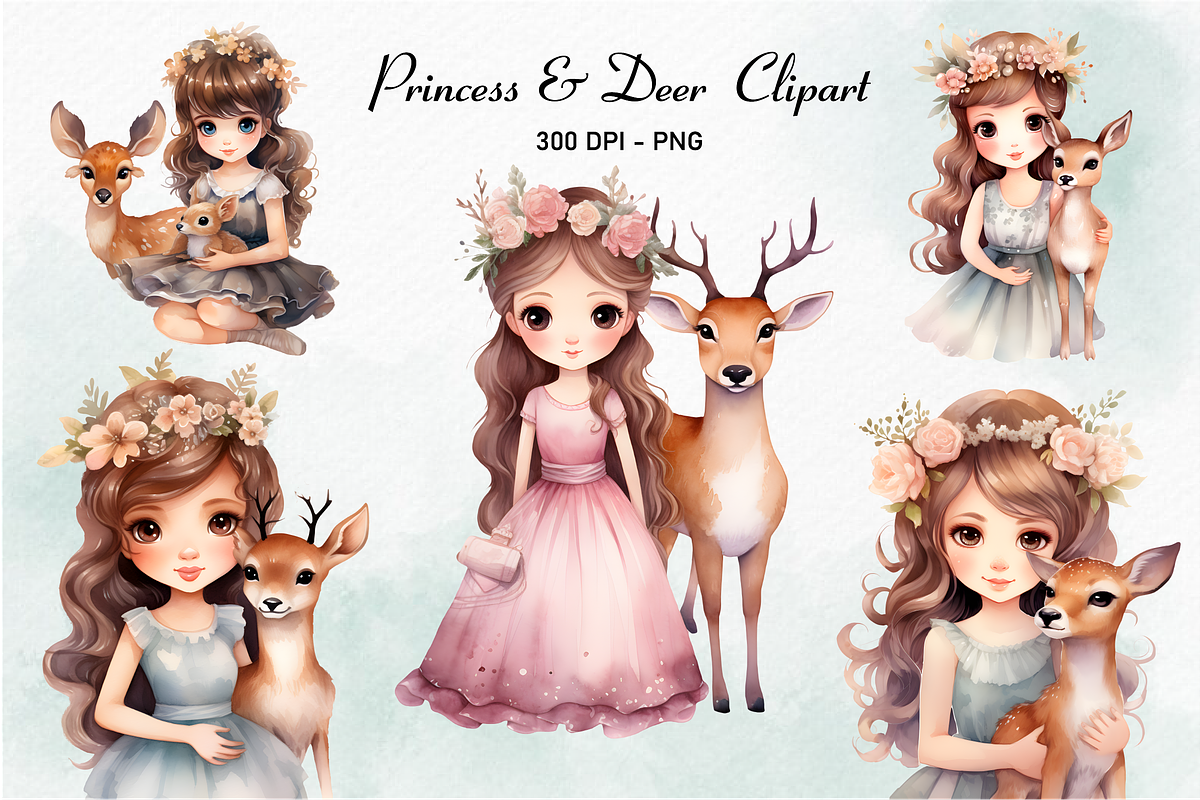 Princess & Deer Watercolor Clipart, an Animal Illustration by danishgraphics (Photo 1 of 5)