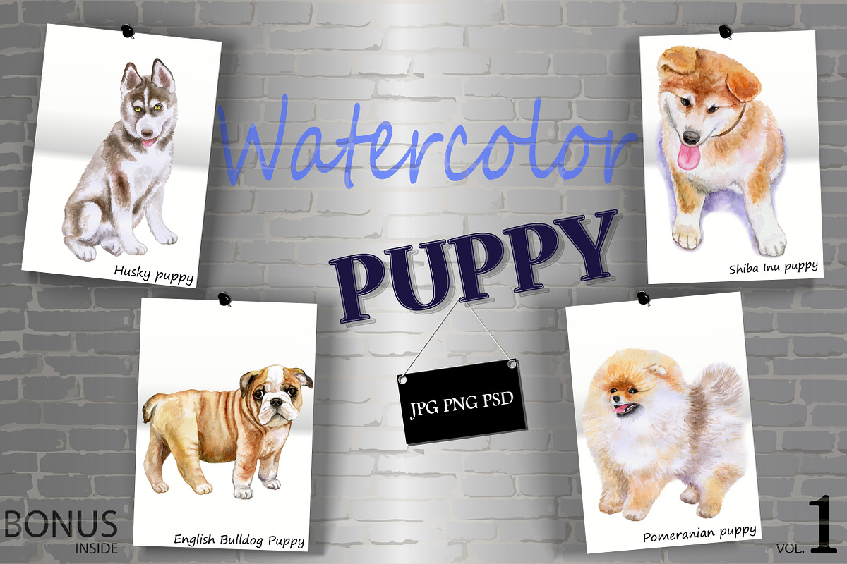 Watercolor Cute Puppies - Set 1 of 2, an Animal Illustration by Dneprstock